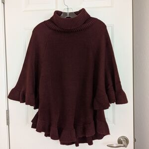 Ann Taylor Factory Burgundy Ruffle Hem Turtleneck Poncho Sweater XS/S